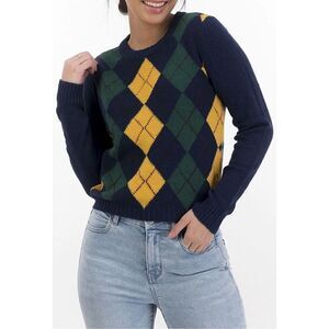 American Eagle Argyle Knit Sweater Navy Yellow Green Size M NWOT Preppy Academia